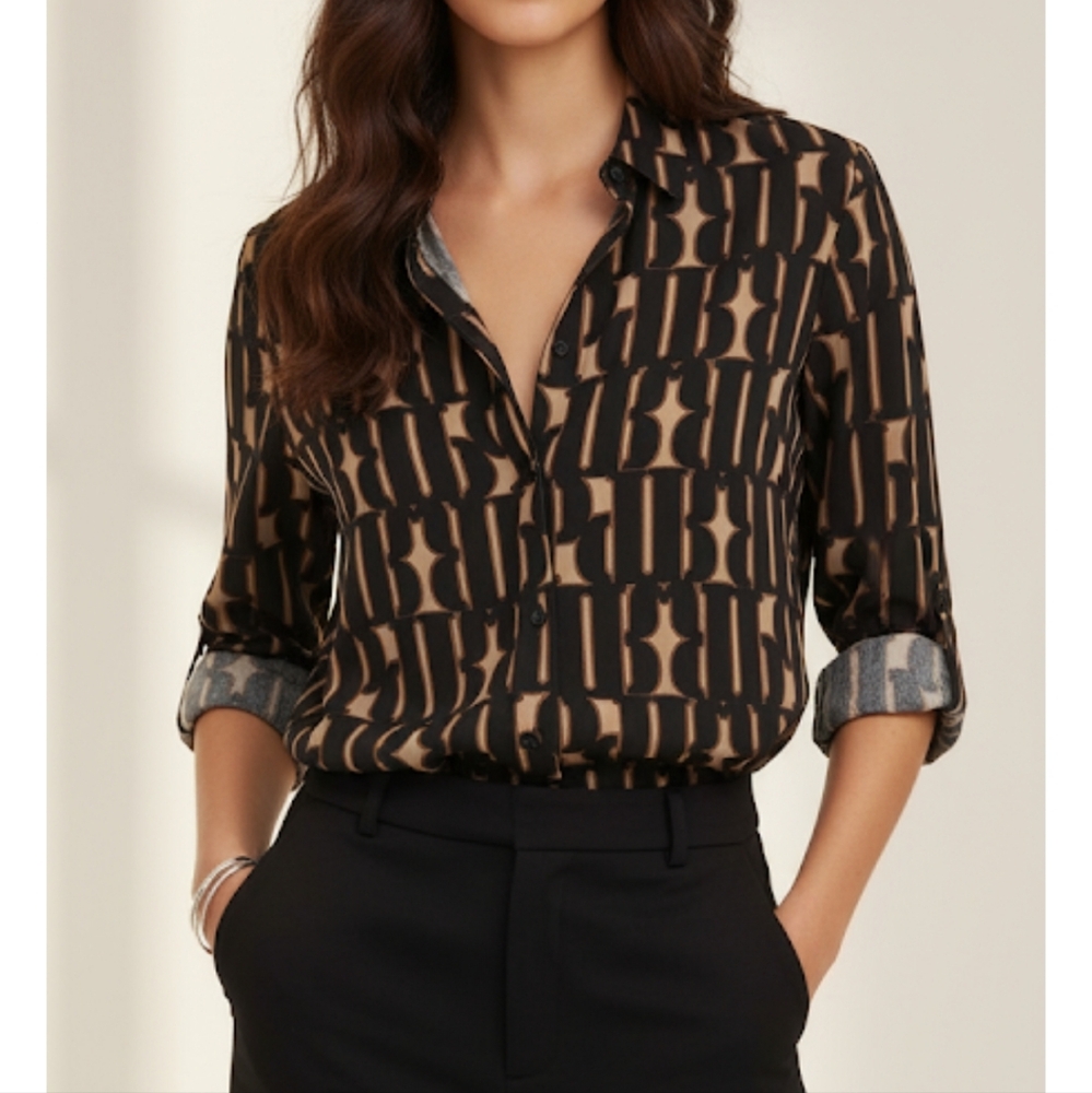Blouse - Black and Tan Patterned Blouse